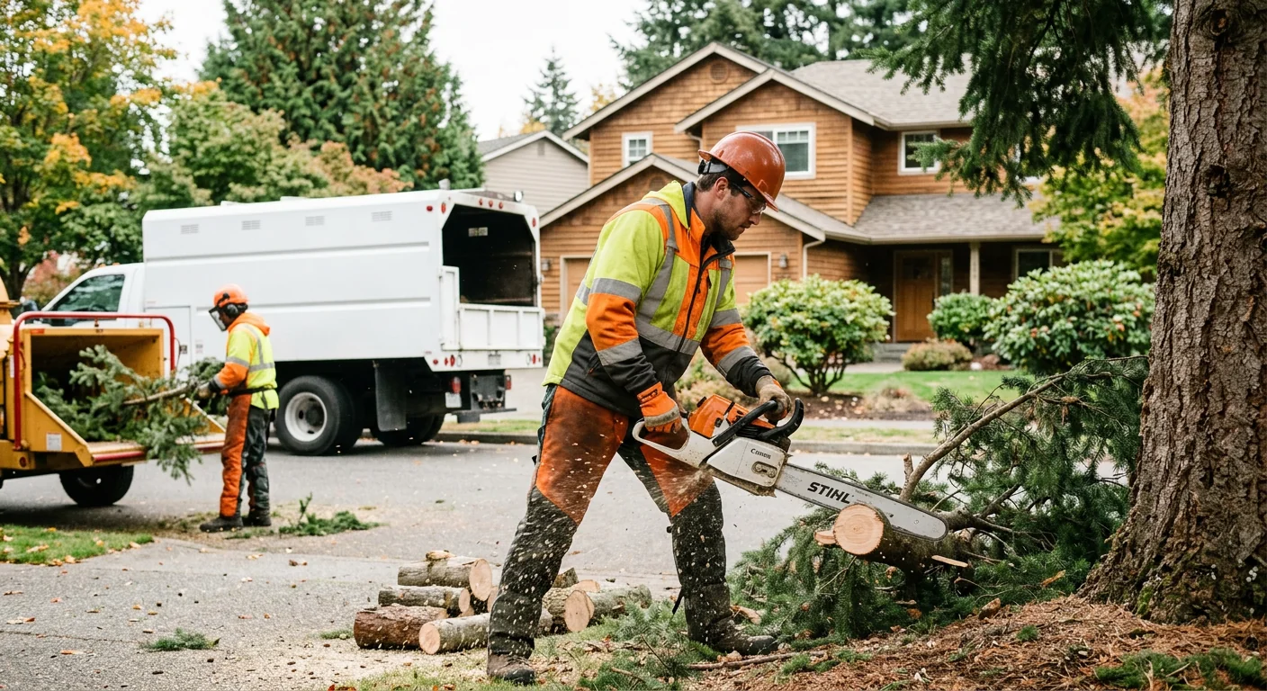 Climber making precise pruning cuts on a large tree in a Redmond yard